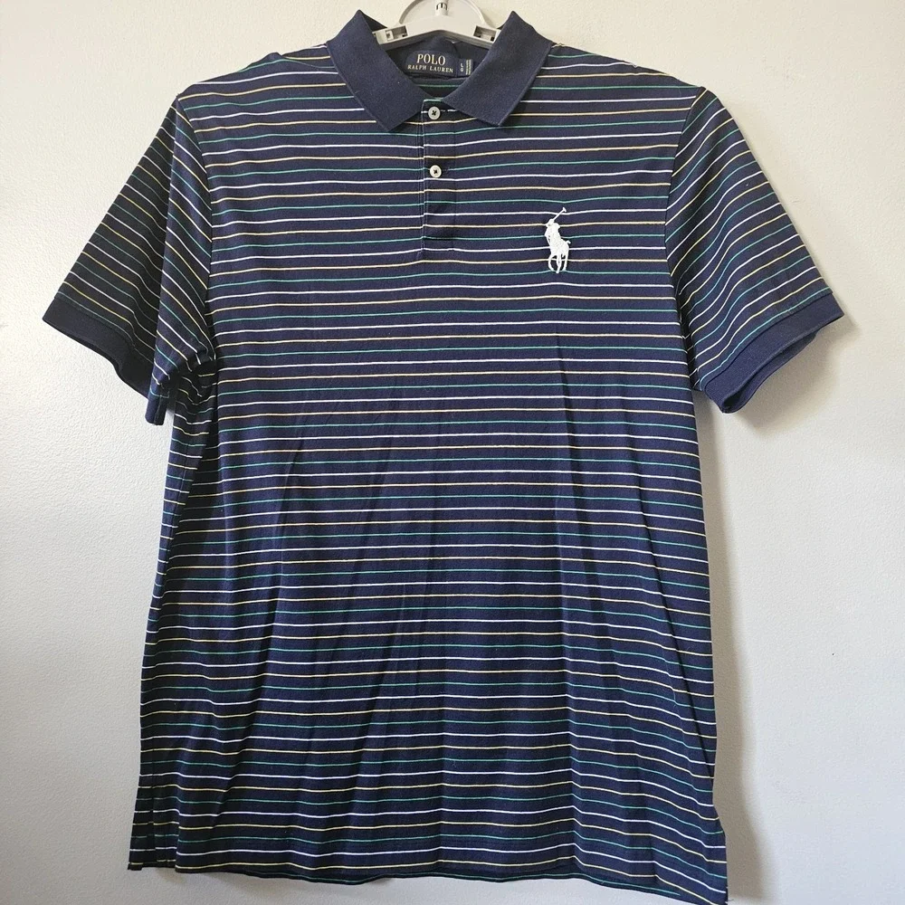 Polo Ralph Lauren Polo Shirt Men's Size Large Pro Fit Blue Striped Big Pony Nice
