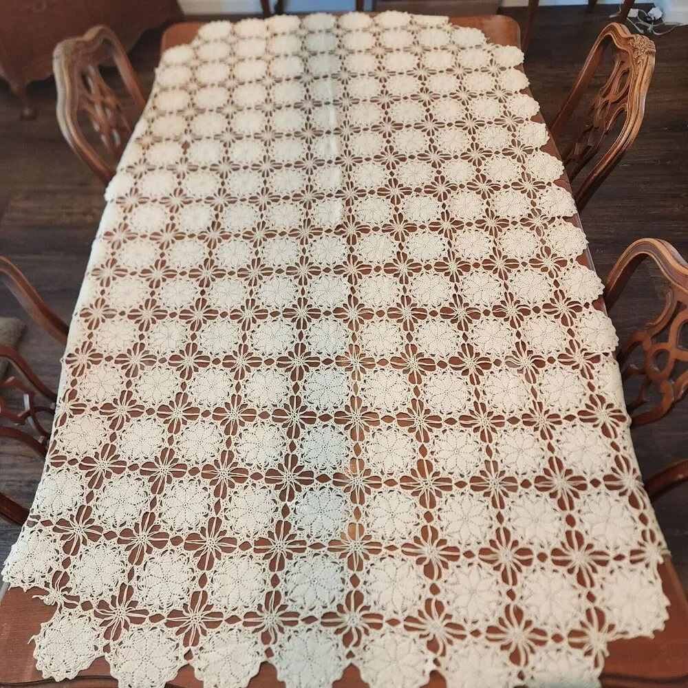Crochet‎ Tablecloth 48in x 70in Rectangle Beige Star Rounds Vintage Overlay