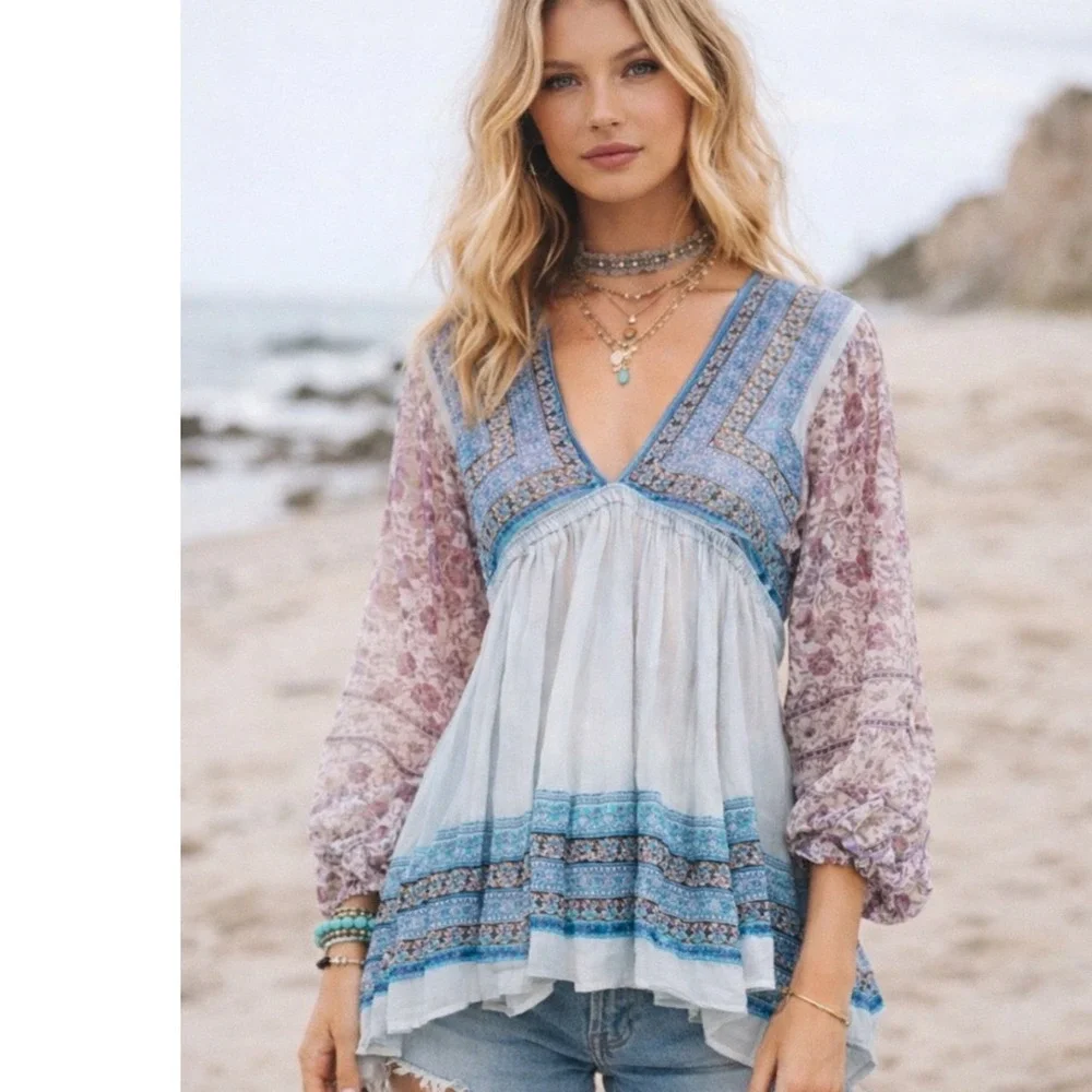Free People Alyiah Blouse Boho Puff Sleeve Top Blouse‎ sz S