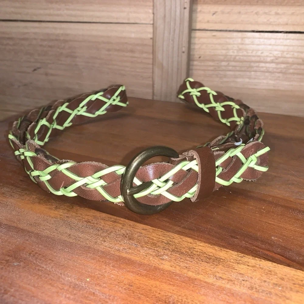 AEO American Eagle Outfitters Brown Chartreuse Braided Belt Bronze Tone Buckle L