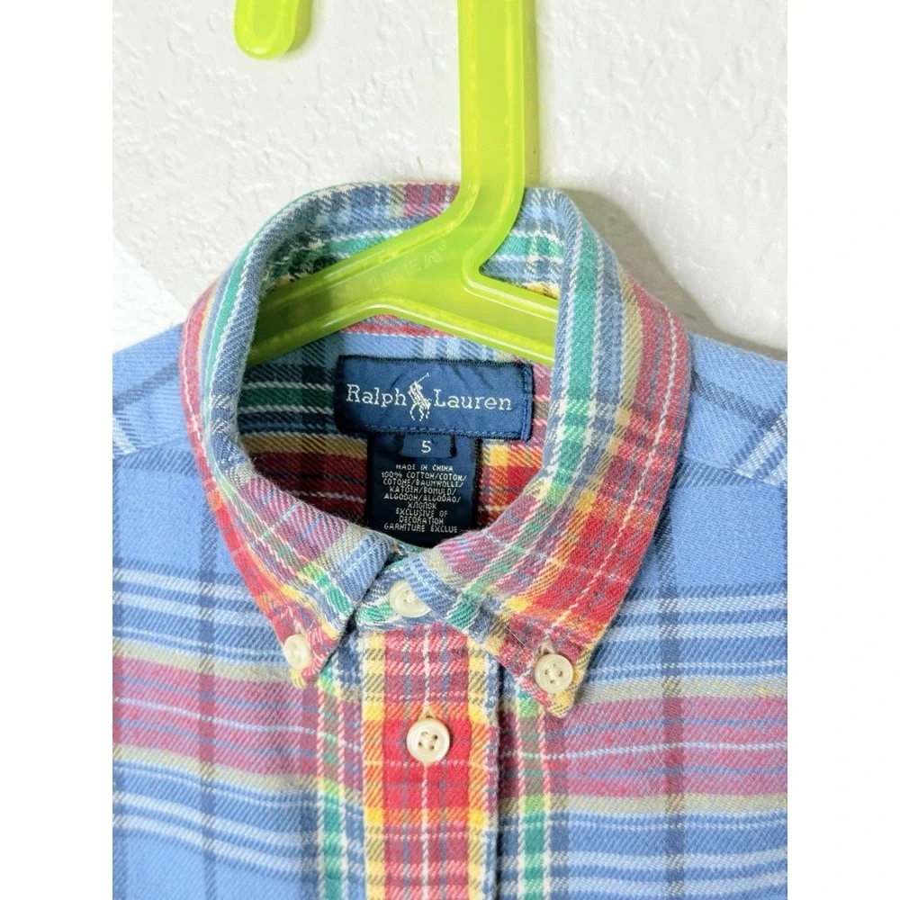 Ralph Lauren Boys Size 5 Plaid Flannel Shirt Blue Red Cotton Twill Button Down