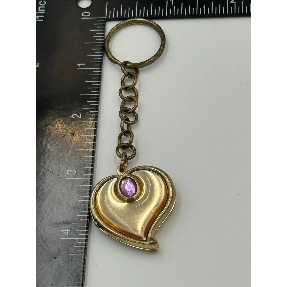 Vintage Style Gold Tone Heart Locket‎ Keychain Purple Rhinestone Portrait
