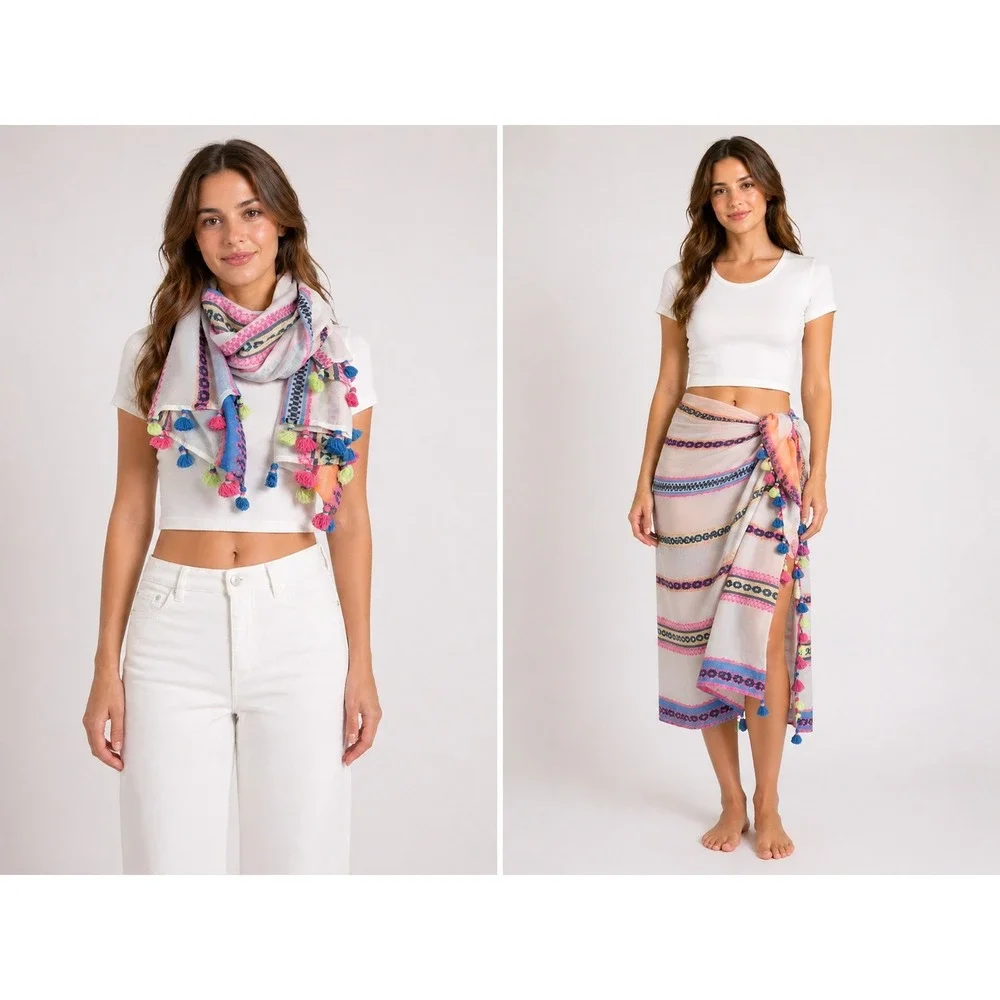 Tommy Bahama Tahitian Jacquard Scarf‎ OS Fuschia Bloom Tassel Sarong Wrap Pareo