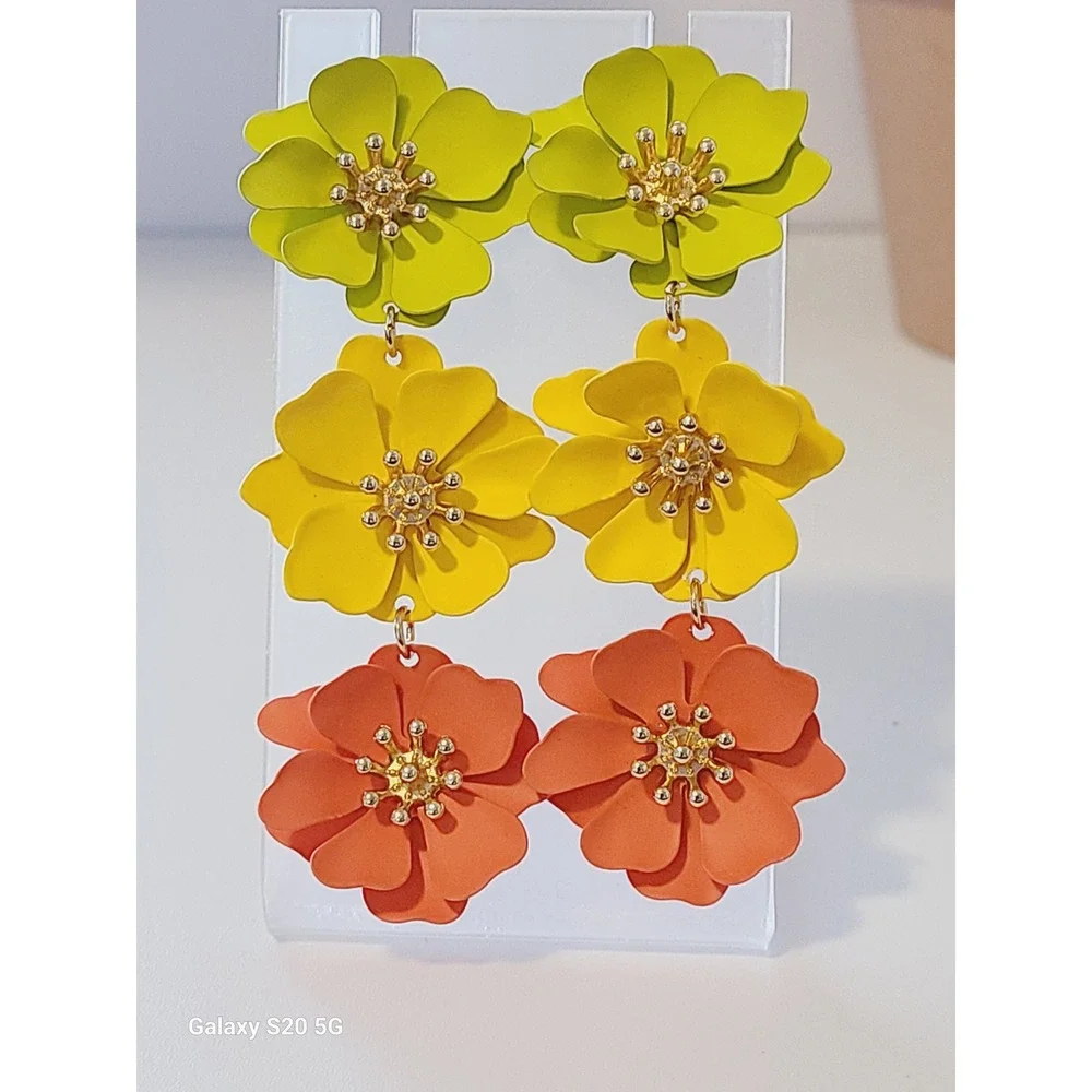 Floral Tiered Drop Earrings Matte Green Yellow‎ Orange Flower Statement Dangle