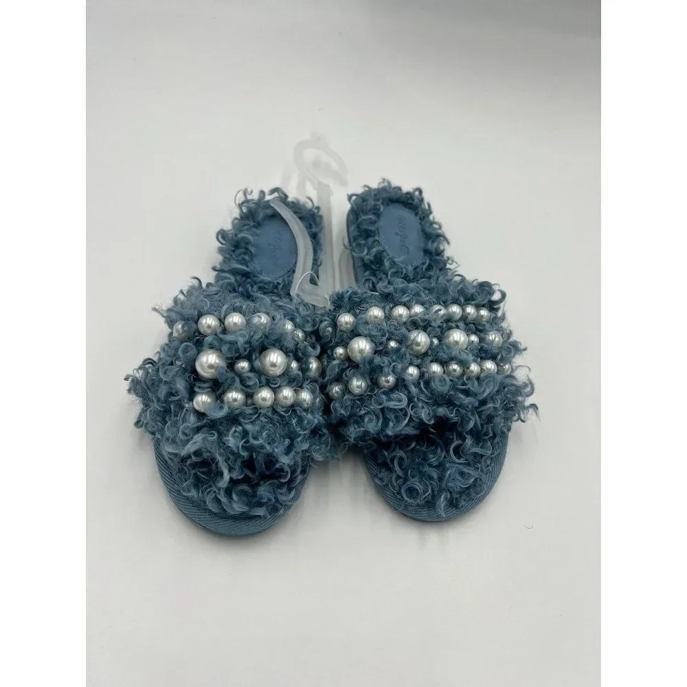 Cat Jack Girls Fuzzy Slippers Pearls Blue Size 3 Slides‎ Faux Fur NWT