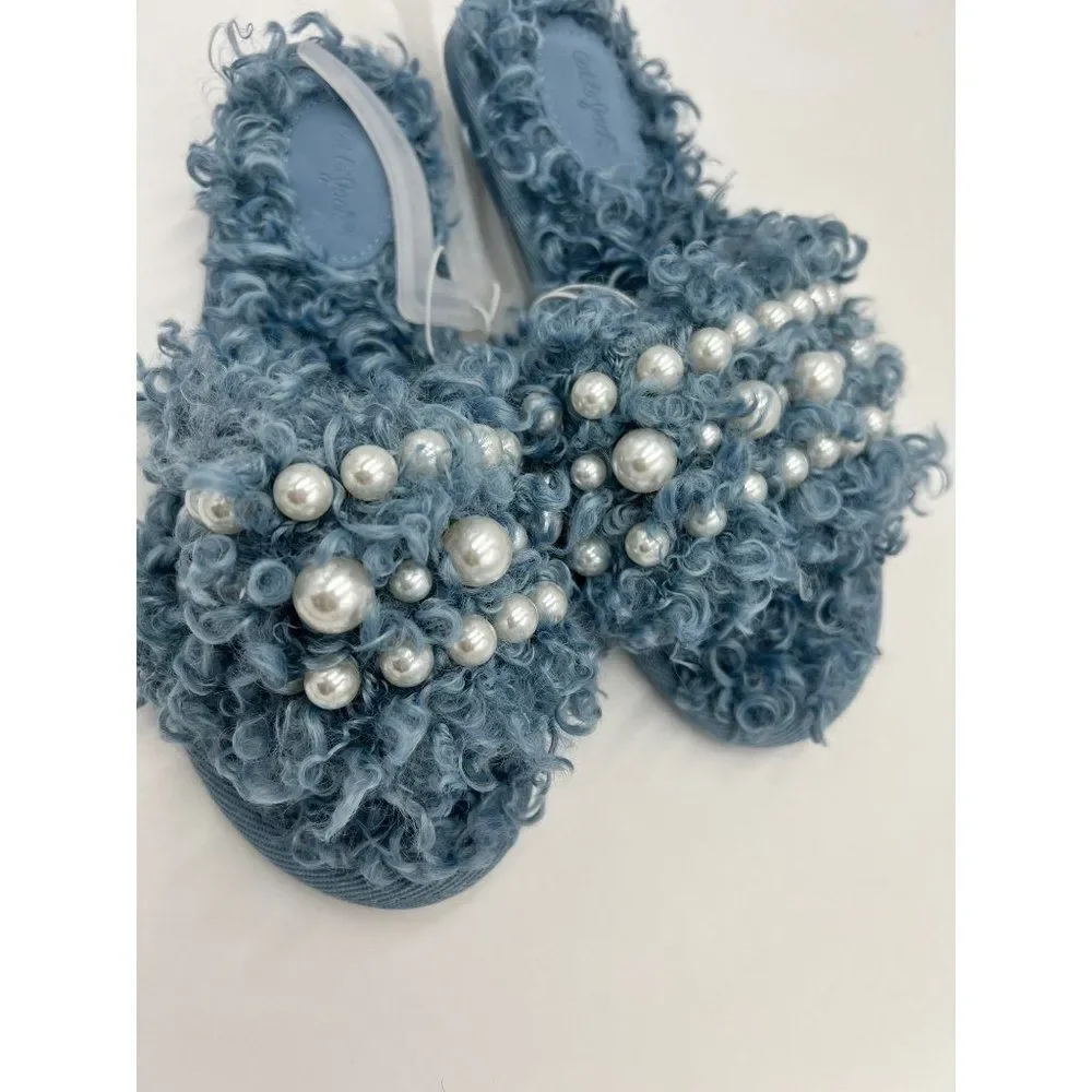 Cat Jack Girls Fuzzy Slippers Pearls Blue Size 3 Slides‎ Faux Fur NWT