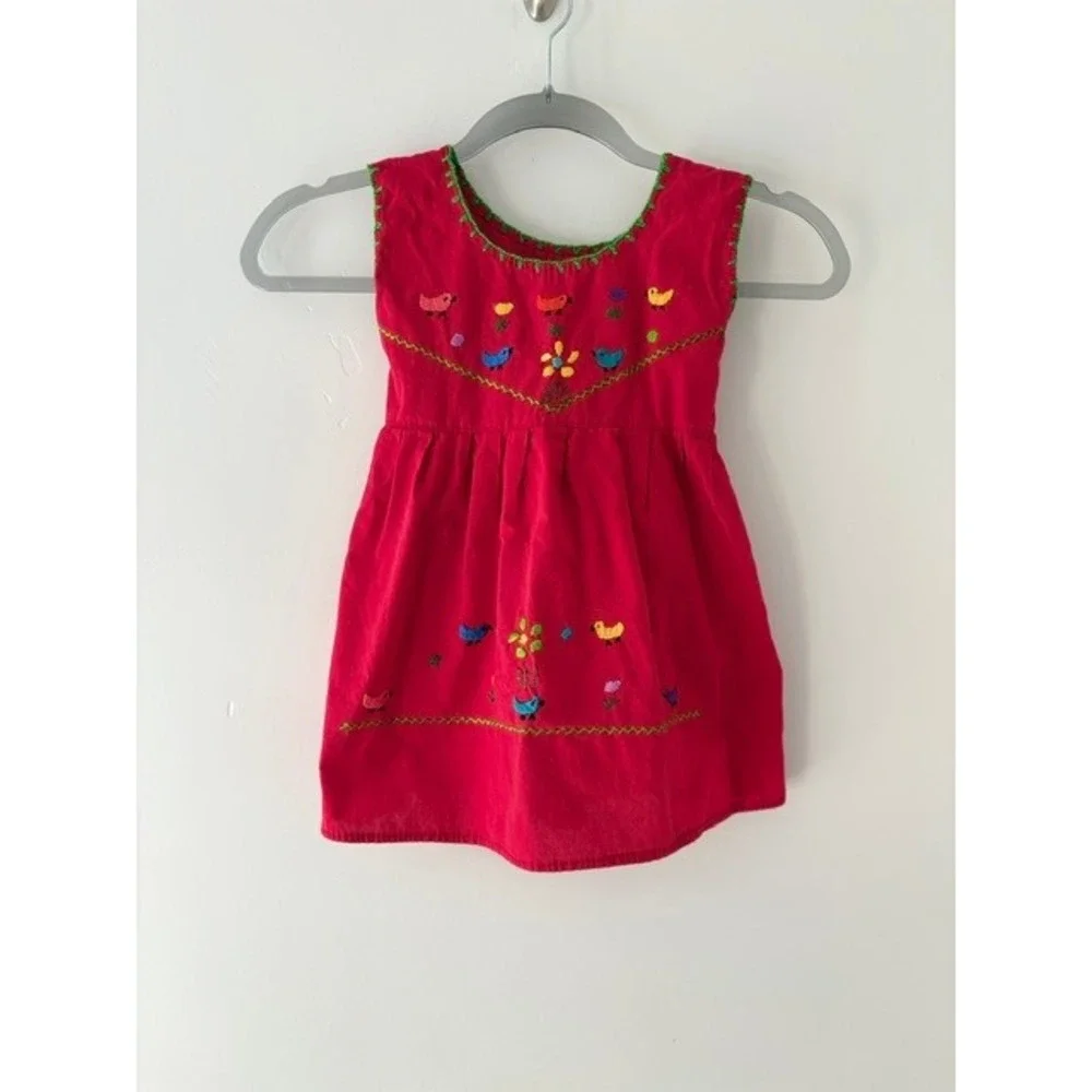 Vintage Red Hand‎ Embroidered Bird Floral Cotton Kids Dress Sleeveless Back Tie