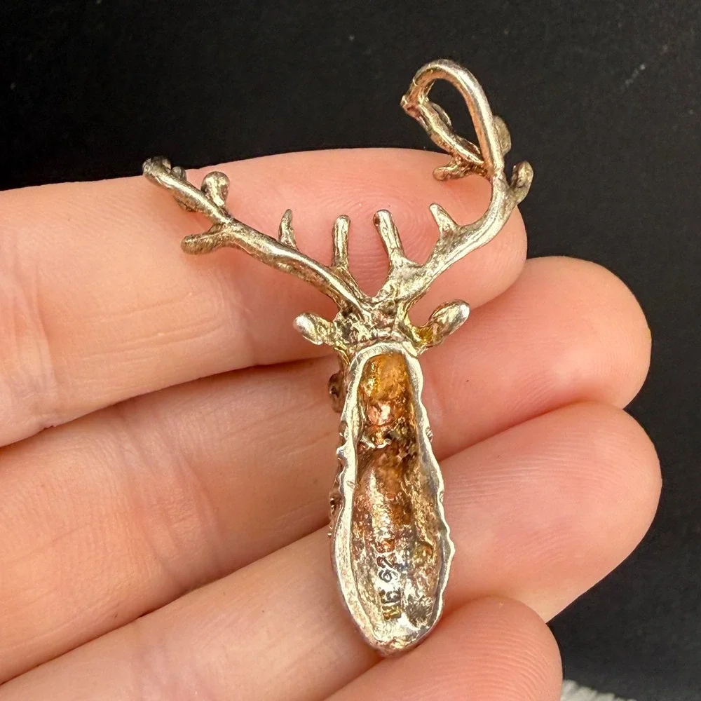 Vintage Pendant Deer Gold Tone Textured Antler Stag 925 READ