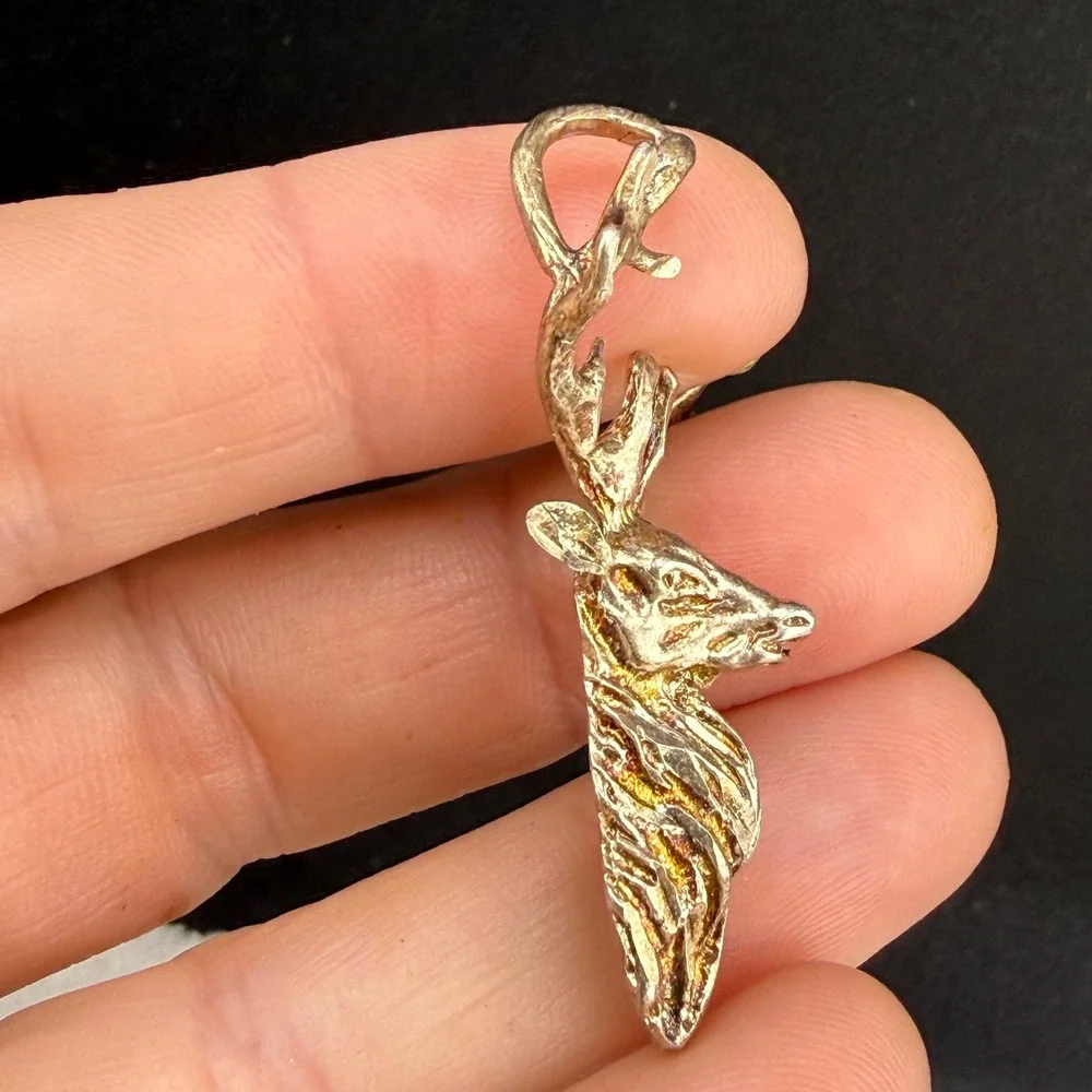 Vintage Pendant Deer Gold Tone Textured Antler Stag 925 READ