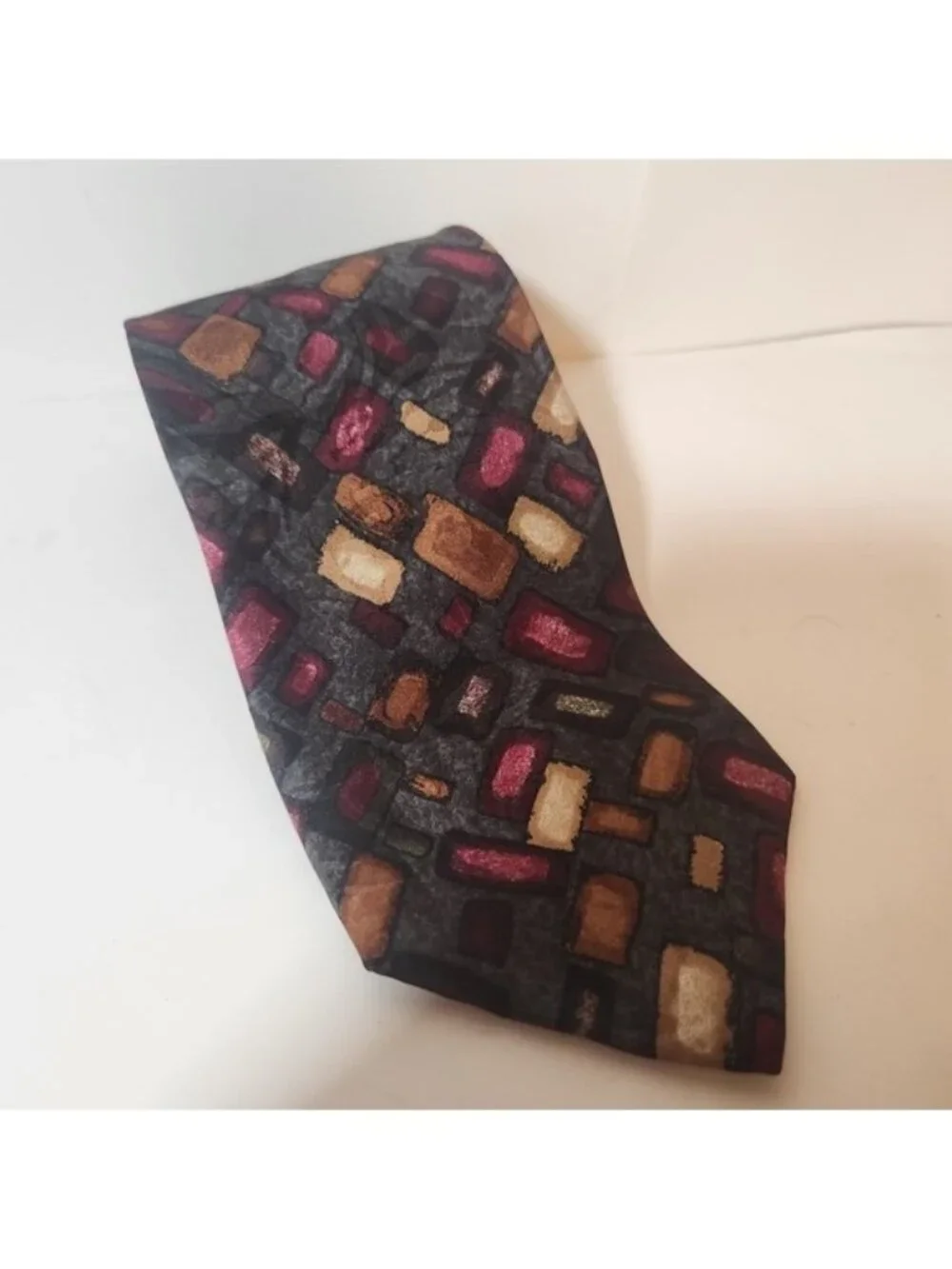 Charter Collection Mens Silk Tie‎ Burgundy Gold Grey Abstract Geometric Mosaic
