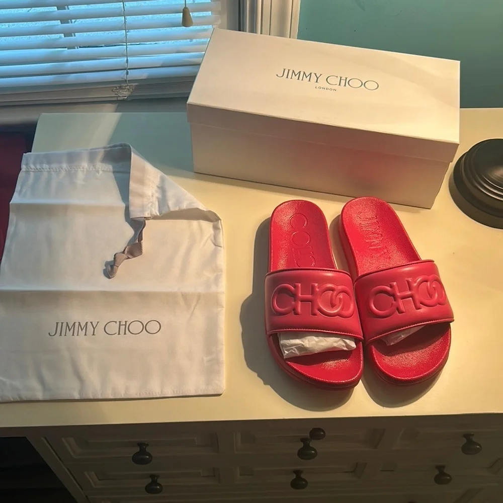 Jimmy Choo Womens 37 Azari/F Leather Embossed Slides Sandals Dragon Fruit Pink