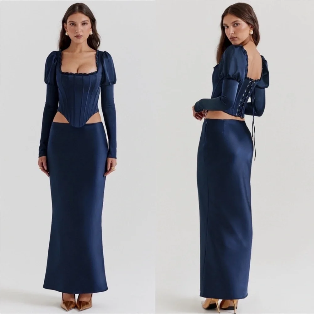 HOUSE OF CB 'Charlene' Navy‎ Satin Bias Cut Maxi Skirt NWOT Size XS