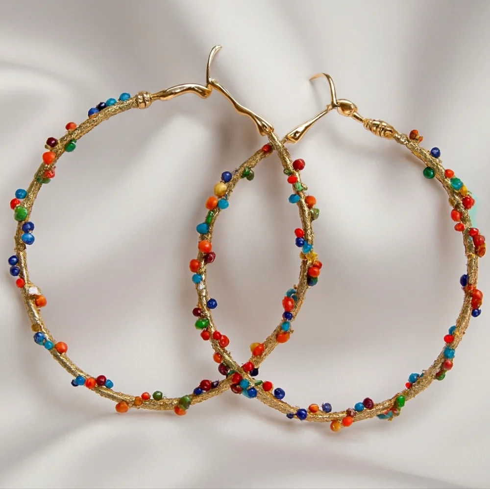 Gold Hand‑Wrapped Colorful Beaded Hoop 2.75