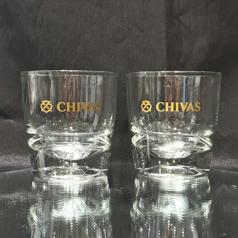 Chivas Regal Scotch Whisky Rocks Glasses Set of 2 Gold Logo Heavy Base Lowball