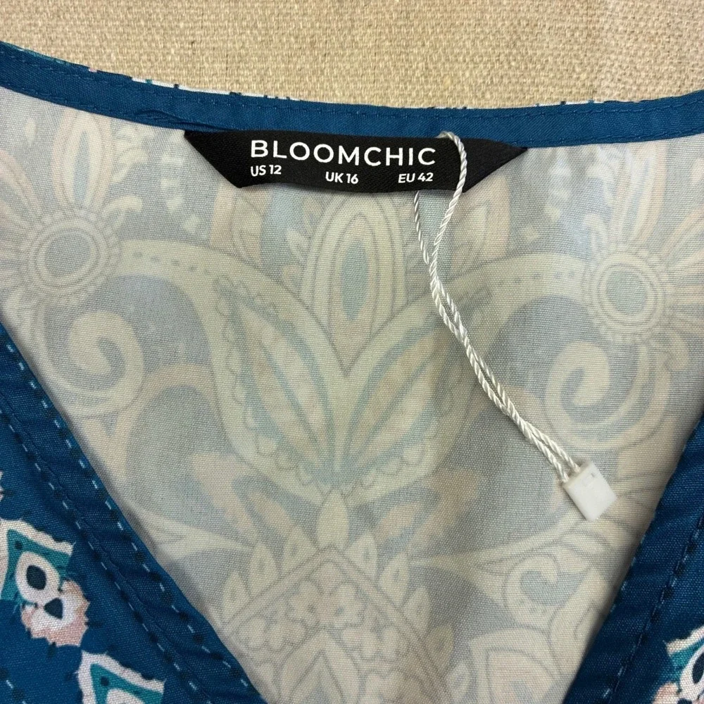 BloomChic Blue Floral Boho Dress NWoT 12 V‎ Neck Flutter Sleeve Empire Boho Chic