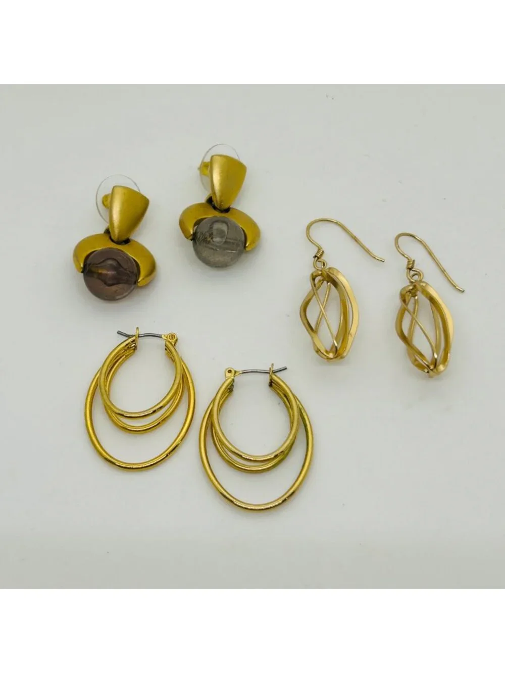 Modernist Gold Tone Acrylic Grey Orb Drop Dangle Hoop Pierced Earring 3 Pair Lot