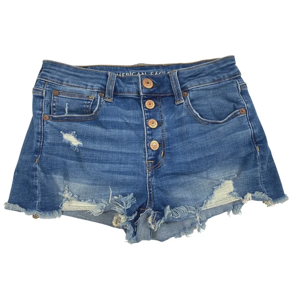 American Eagle Button Fly Denim Shorts Womens 4 Festival Distress Micro Mini‎