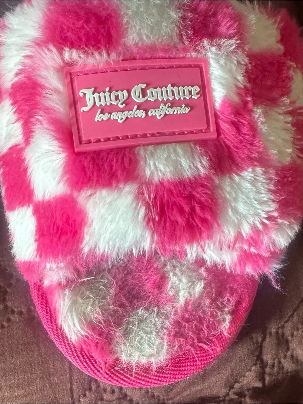 Juicy Couture Pink & White Check Fuzzy Slide Slippers