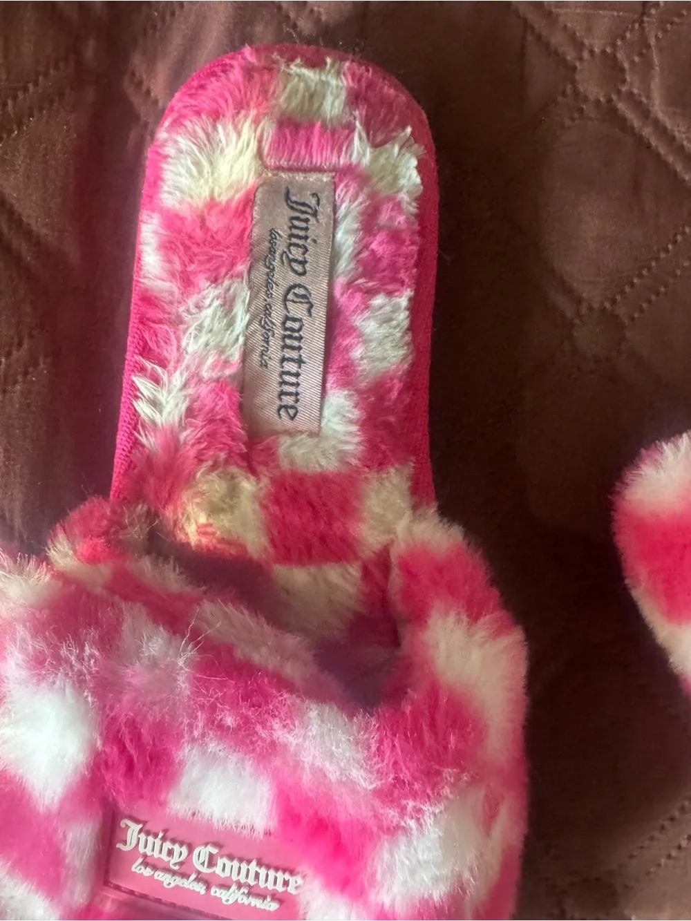 Juicy Couture Pink & White Check Fuzzy Slide Slippers