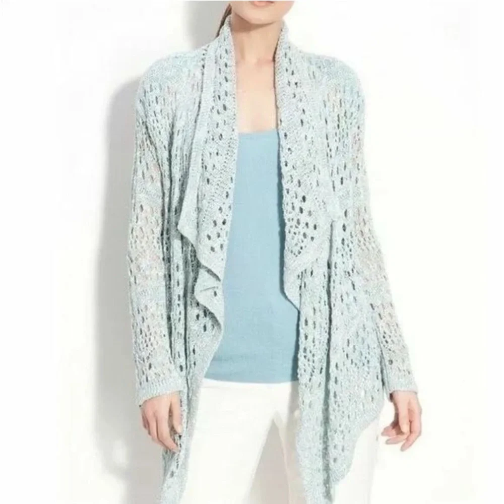St John Designer Luxury Women’s Pale Blue Open Crochet Knit Waterfall Cardigan M