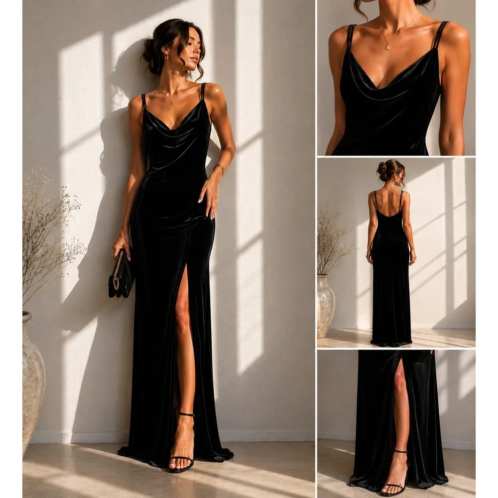 90s Y2K Jump‎ Apparel Witchygoth Black Velvet Cowl Neck Maxi Dress Slit Petite M