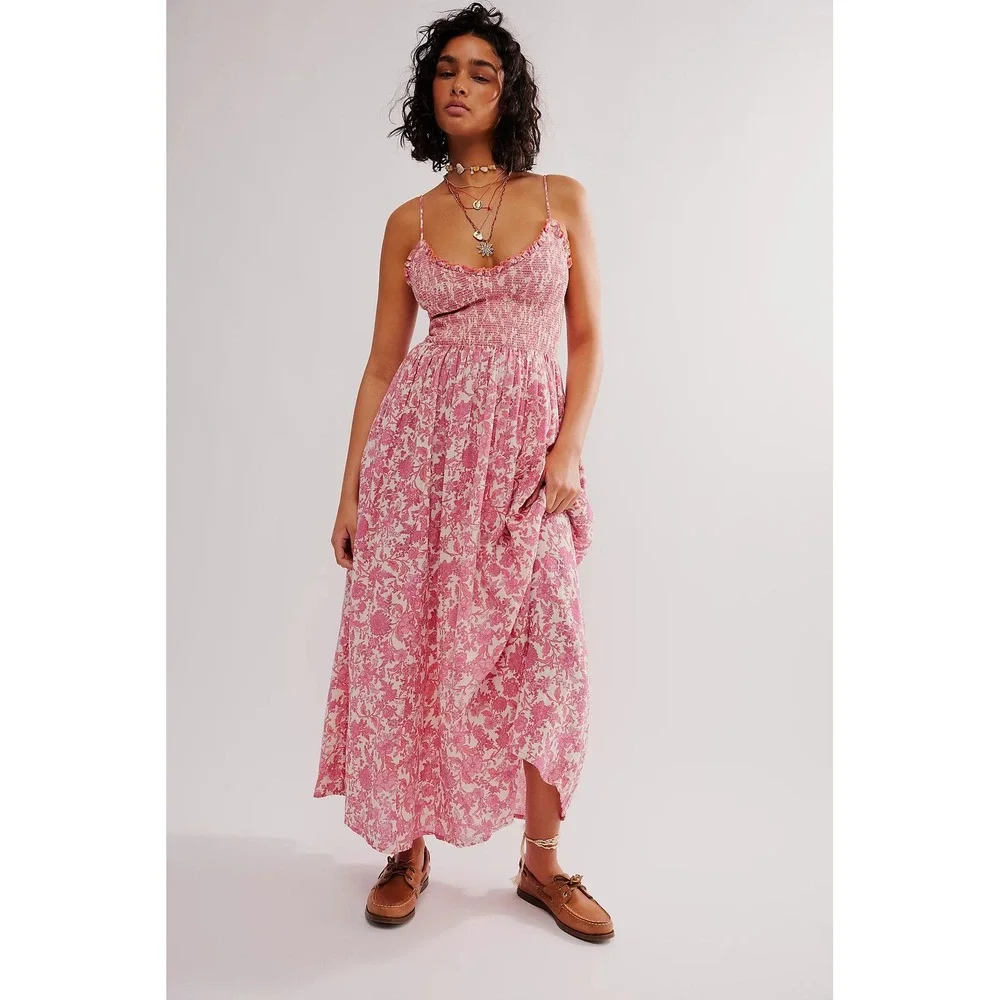 Free People Sweet Nothings Midi Dress Size M Boho Cottagecore Pink OB1893249
