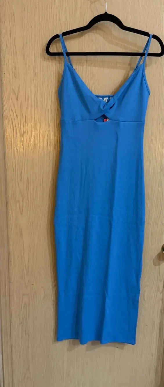 Roxy Wavey Lady Midi Dress Large Blue Ribbed Cutout NWT