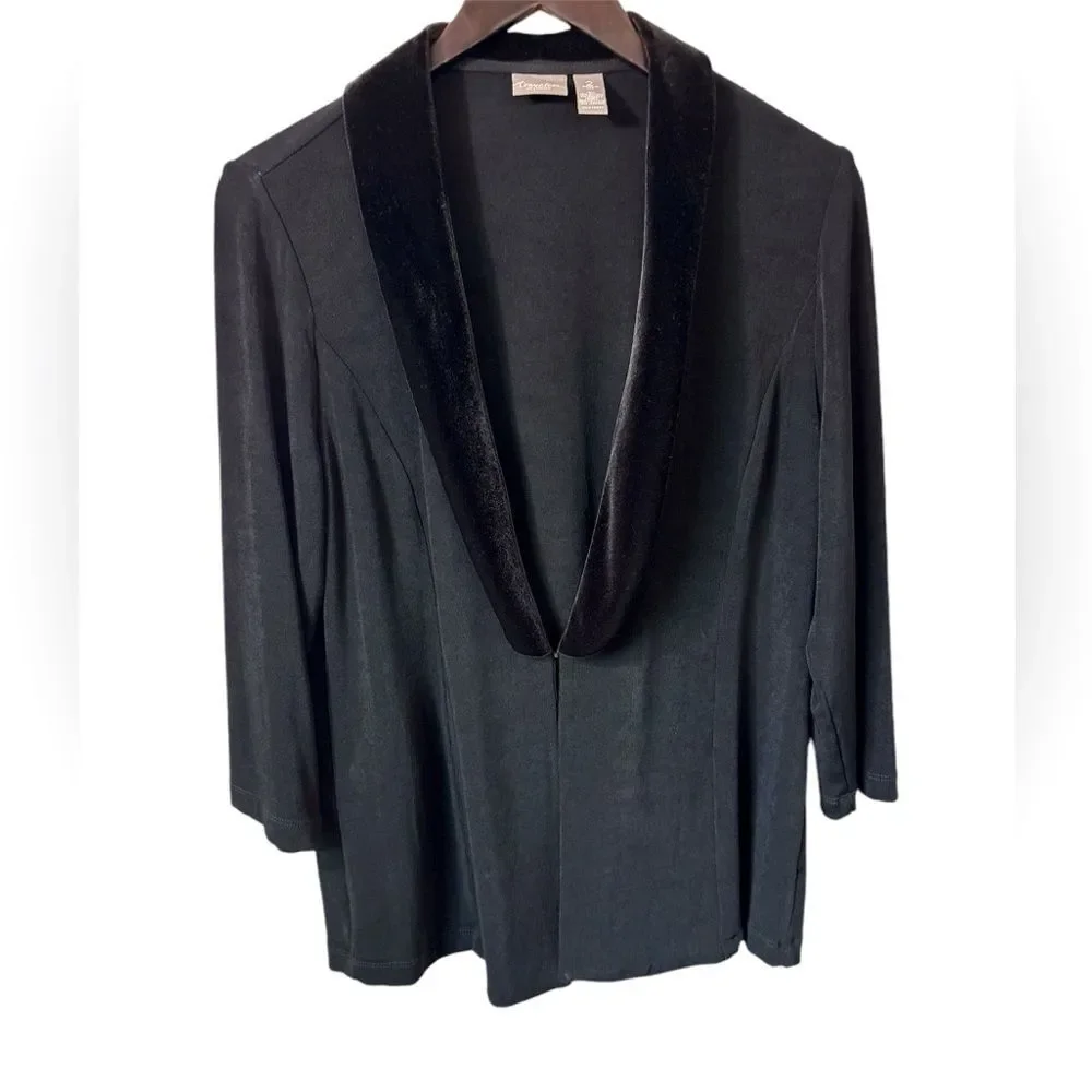 Chico's Travelers Size 2 Large Velvet Trim Black Open Front Cardigan office