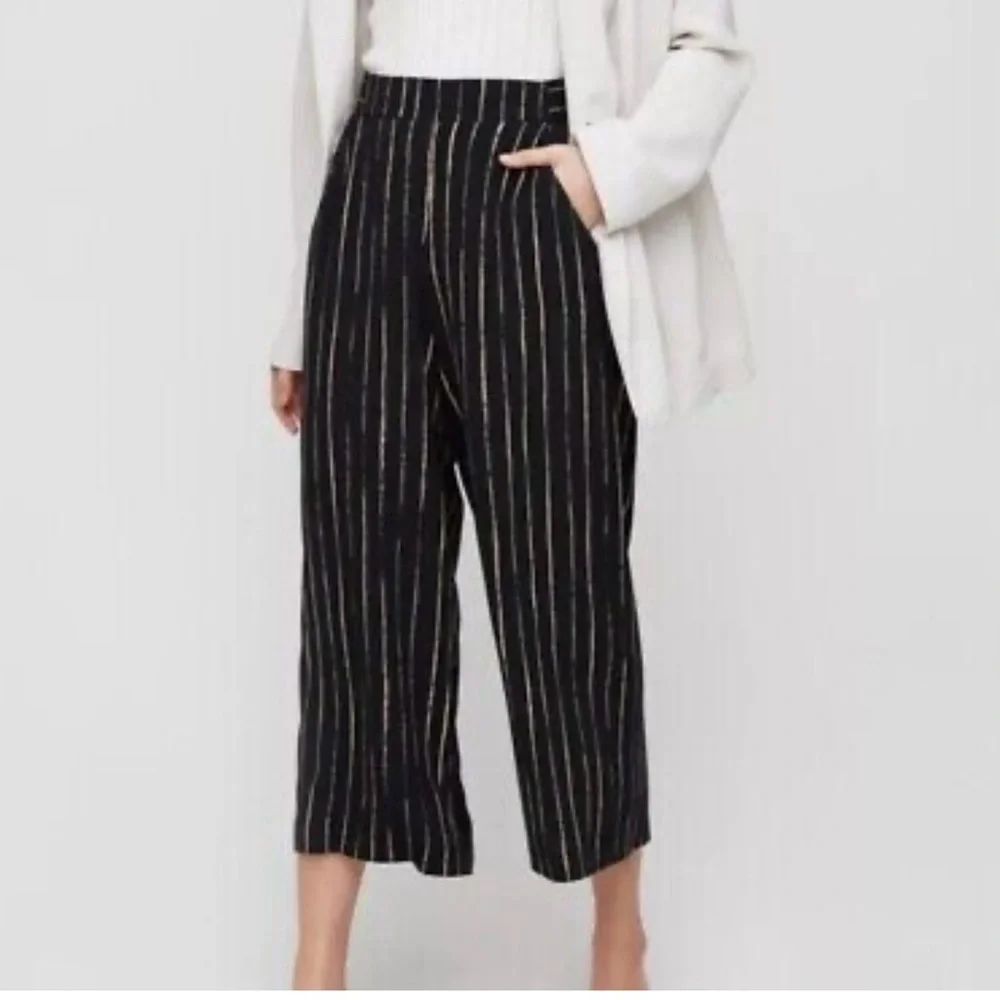 Aritzia‎ Wilfred Faun Black Stripe Viscose Rayon Wide Leg Pants Size L