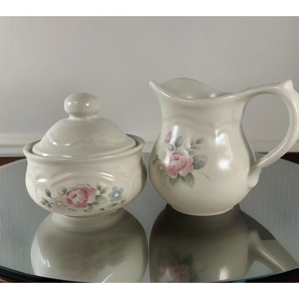 Pfaltzgraff Tea Rose Sugar Bowl Creamer Set Vintage Cottagecore Grannycore Boho