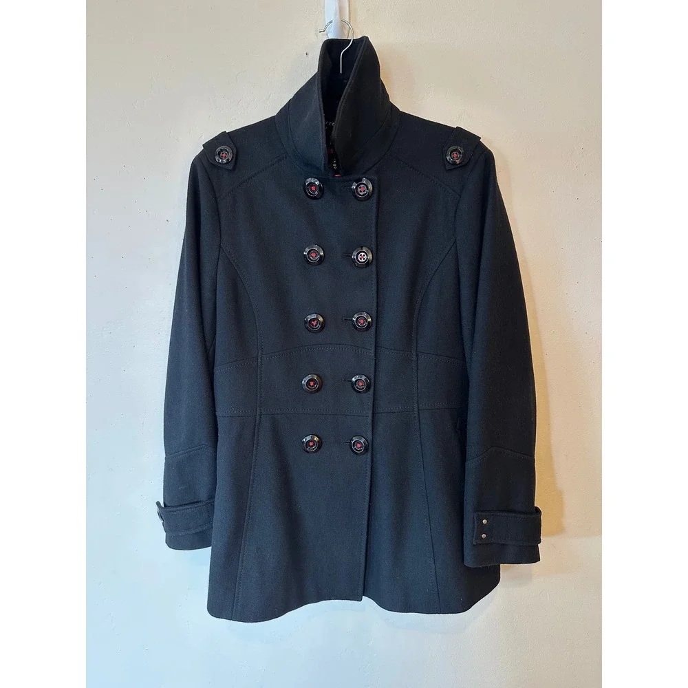 Vintage Miss Sixty M60 Black Wool Blend Peacoat Red Satin Lining Gothic Y2K XL