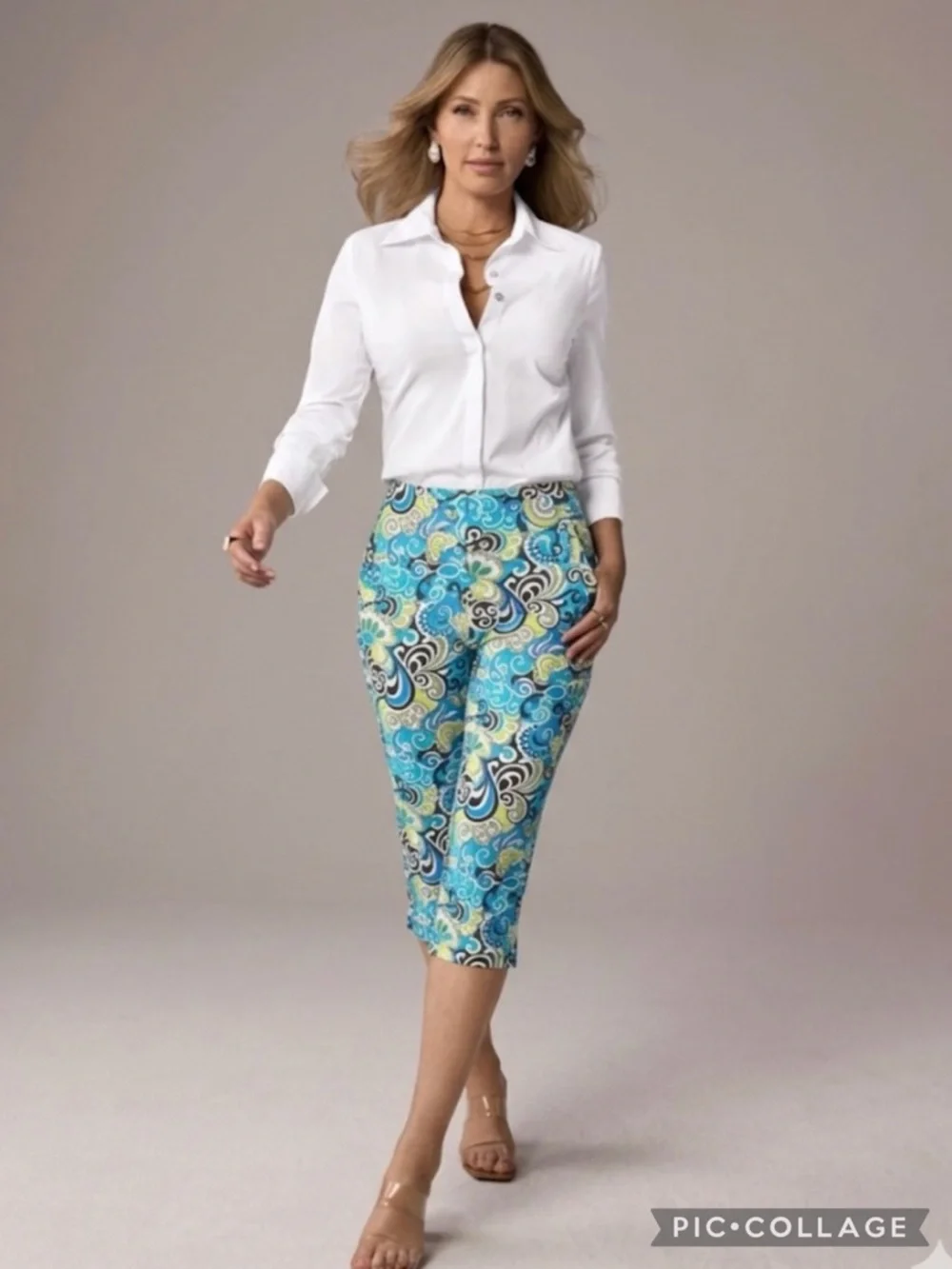 Boston Proper Blue Teal Paisley Cropped Capri Pants Retro Fits a Small