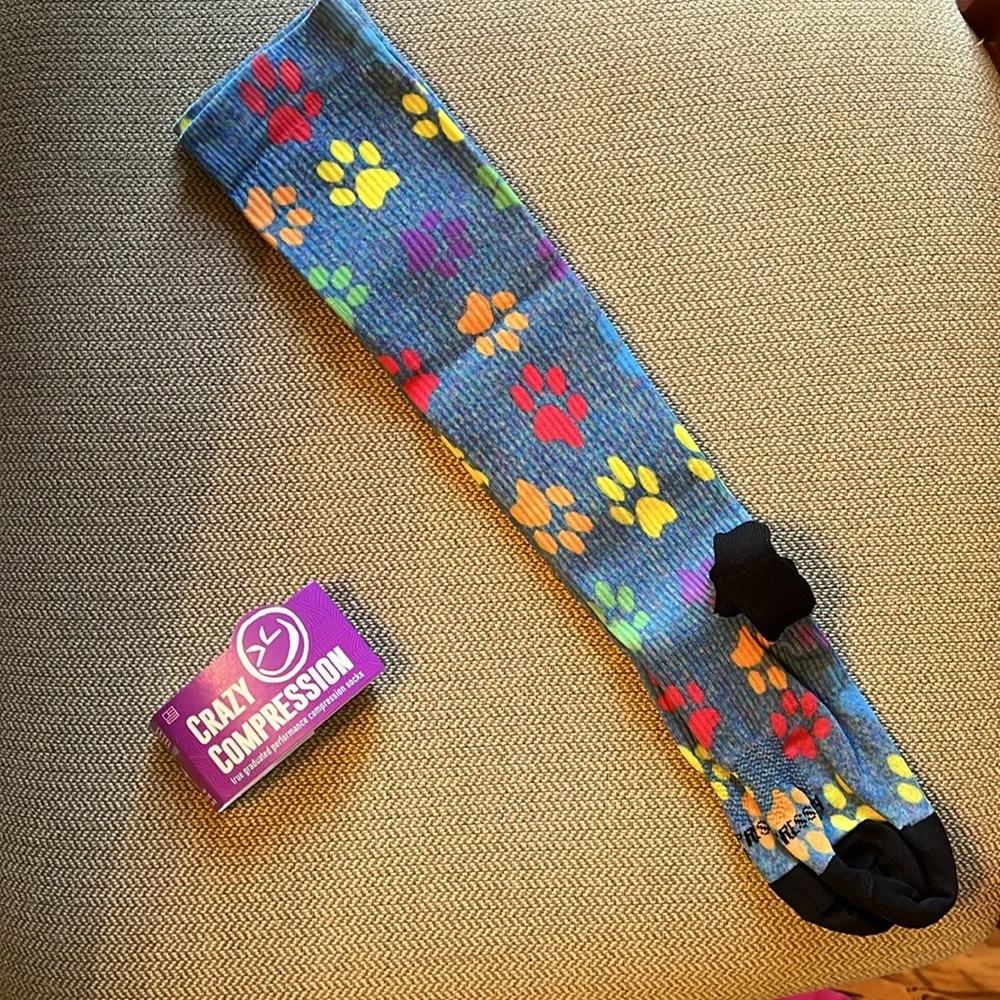 Crazy compression socks blue yellow paw print size S/M 7-10 NEW made in USA