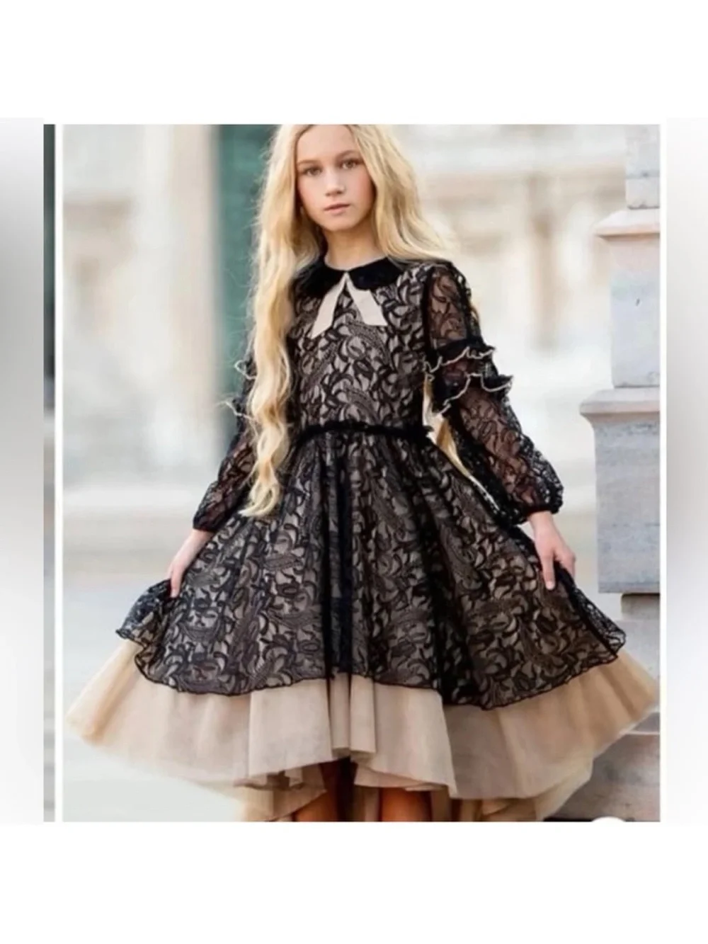 Joyfolie Girl Mia Joy Black Lace Overlay with Beige Tulle Hem Formal Dress