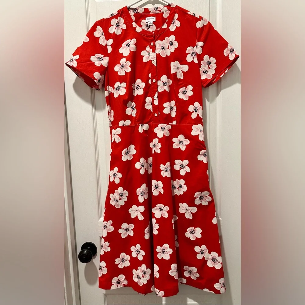 J. Crew Short Sleeve Button-Front Shirt Dress in Red Poppy Print ZB3