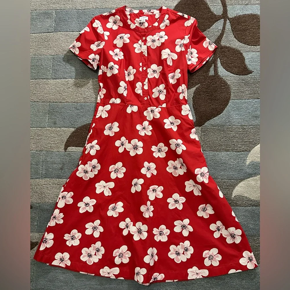 J. Crew Short Sleeve Button-Front Shirt Dress in Red Poppy Print ZB3