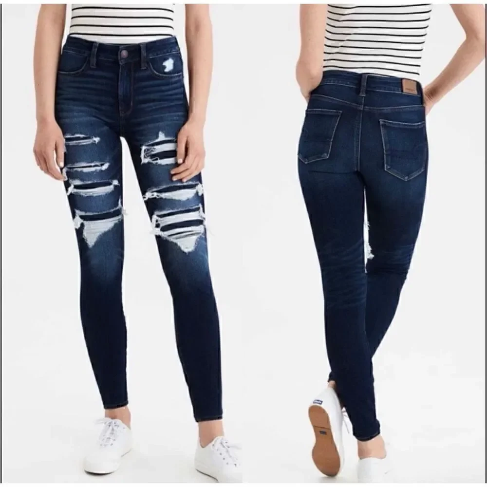 American Eagle Next Level Stretch Jeans Hi-Rise Jegging Dark Destroyed, 0 Short