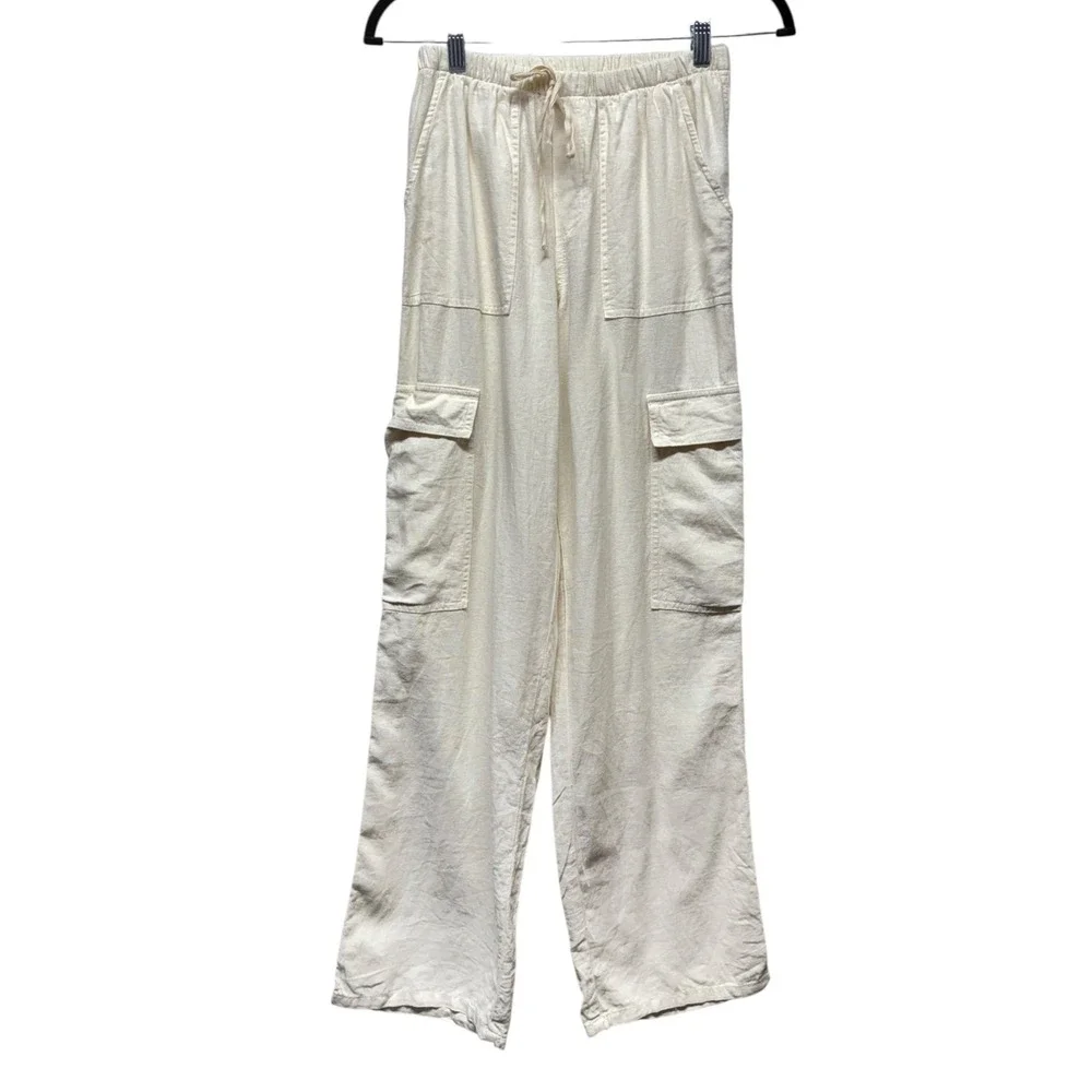 Mellville Women Cargo Pants Linen Blend Wide Leg Sz S Made Italy Lagenlook Cream
