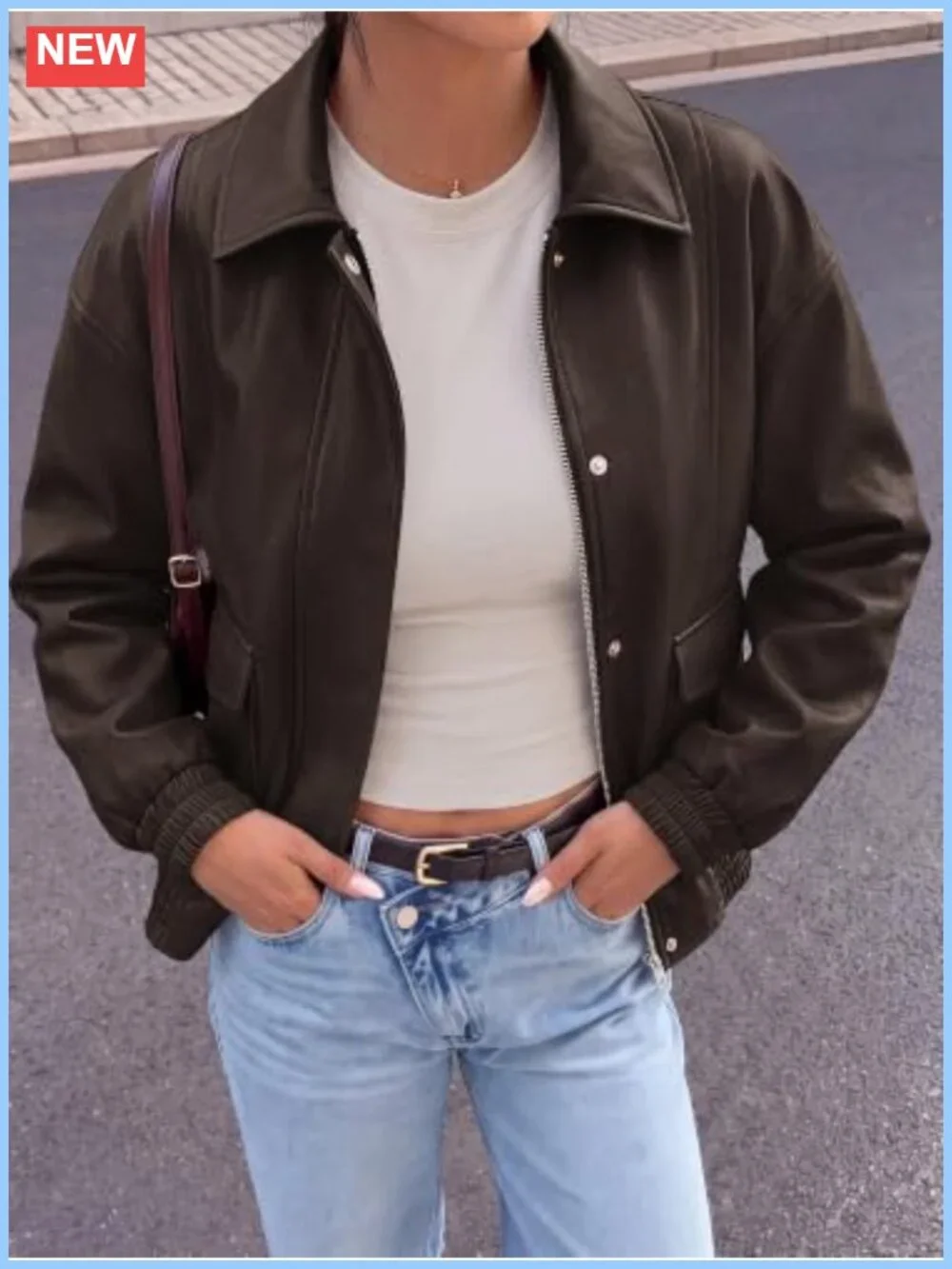 Faux Leather Jacket Women Oversized Long Sleeve Snap Zipper Lapel Collar