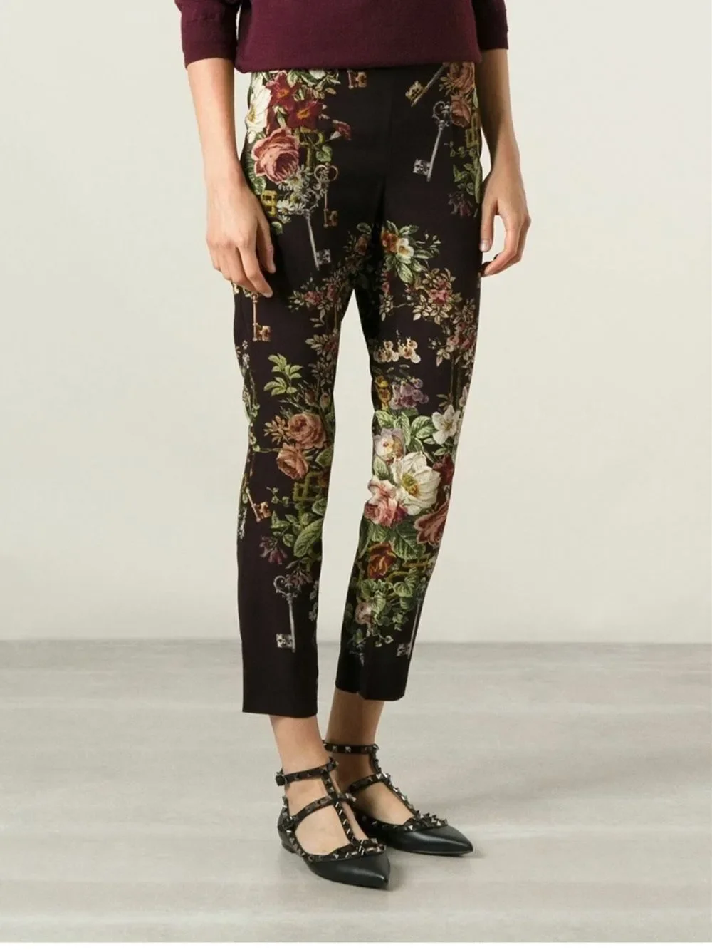 Dolce & Gabbana Brown Crepe Key Print Fitted Cropped Pants