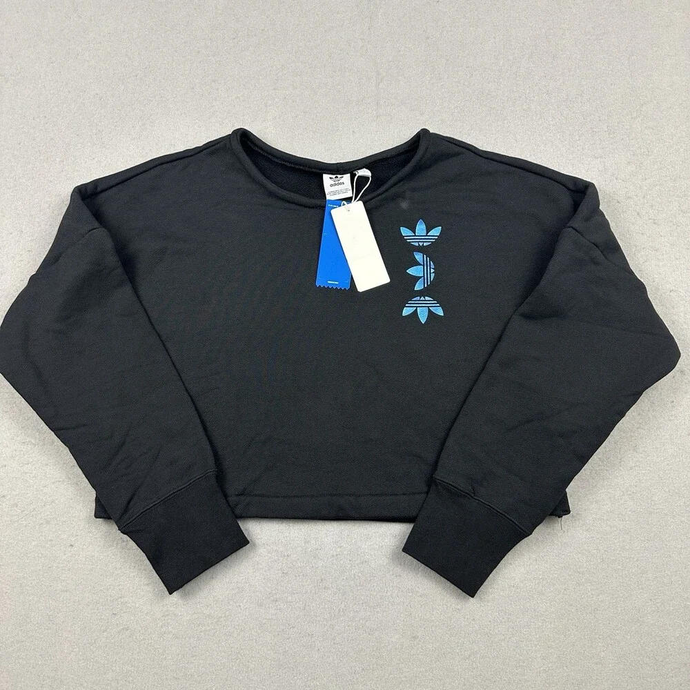 Adidas Sweatshirt Women Small Black Large Logo Essential Crewneck Crop Pullover
