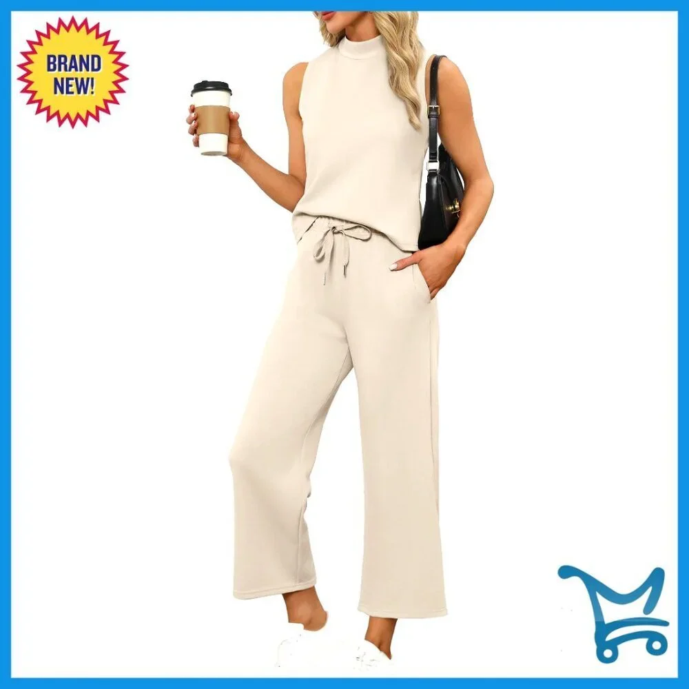 Mock Neck Sleeveless Top Wide Leg Crop Pants Two Piece Set Chic Minimal Lounge