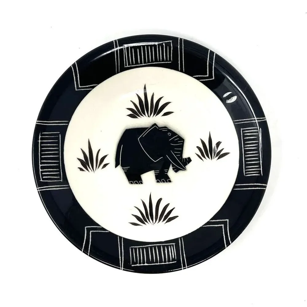 Vintage Catryn Black & White Elephant Deco Decorative Wall Plate / Bowl ~Signed