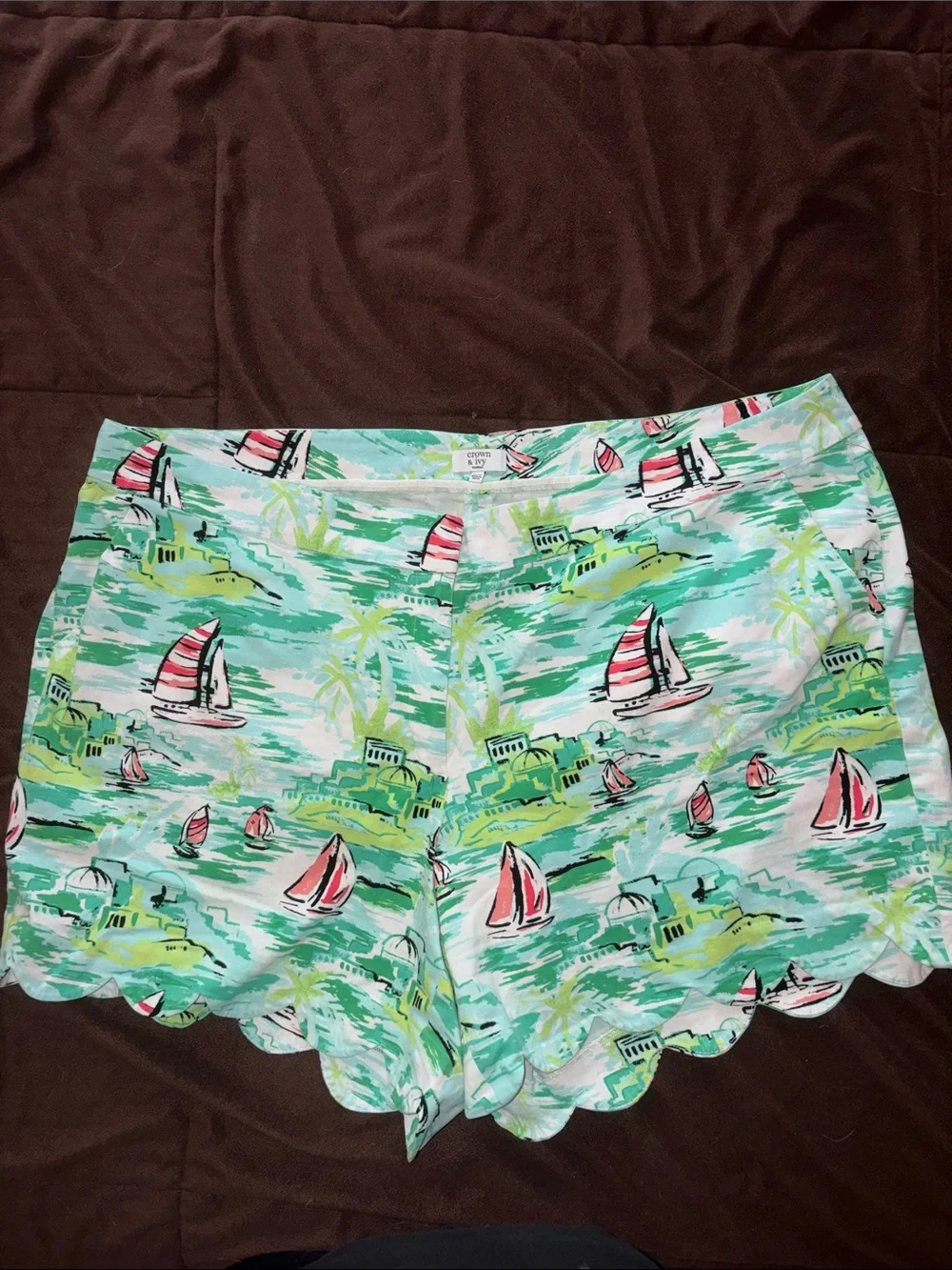 crown & ivy Sailboat Print Scallop Hem Shorts - Aqua, Pink & Green