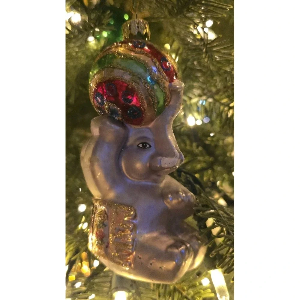 VTG‎ Lot Of 2 Christmas Glass Ornament Elephant Circus Style Ball Hat