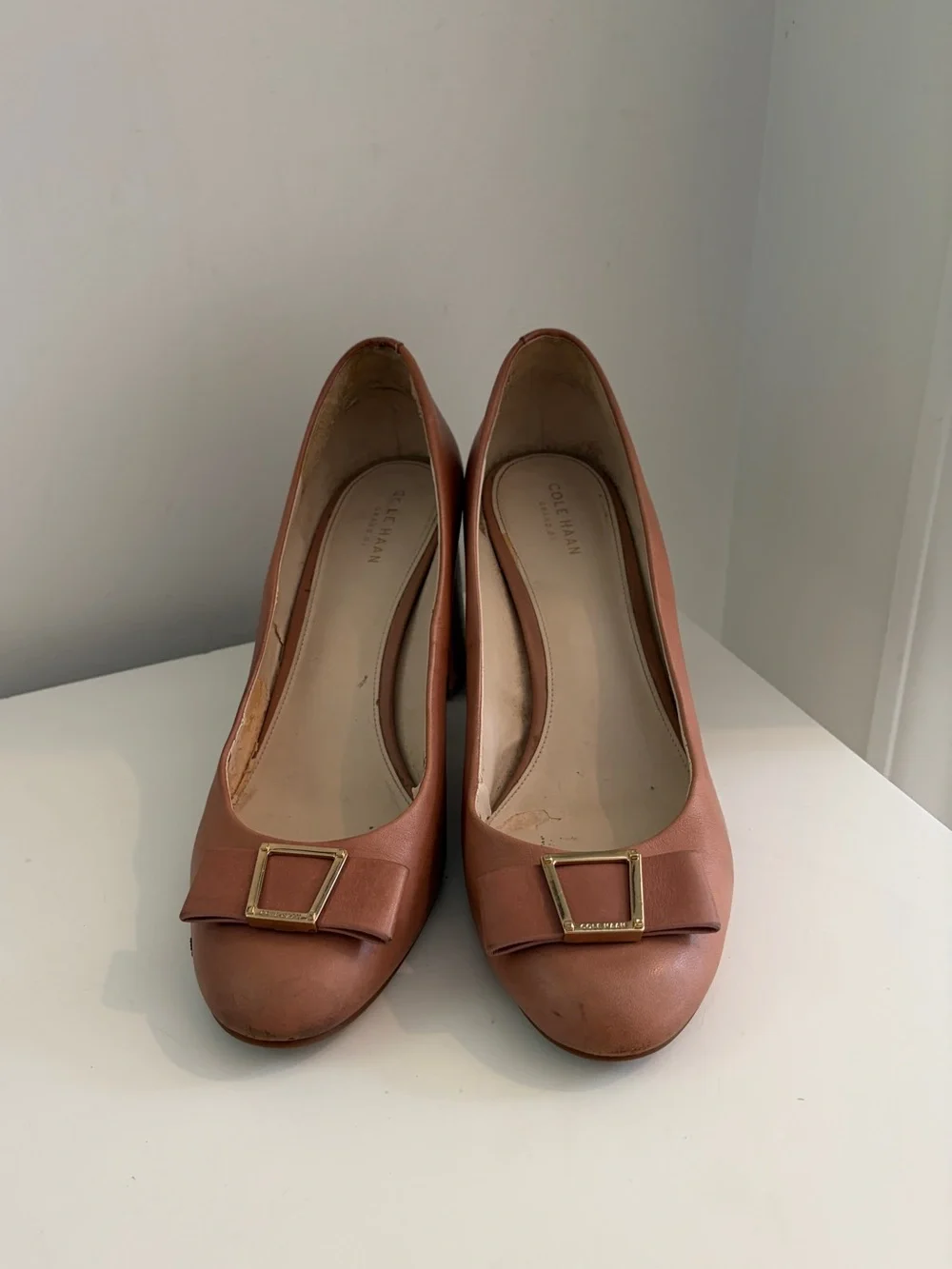 Cole Haan Women Emory Leather Tan Round-Toe Block-Heel Pump Buckle Bow - Size 11