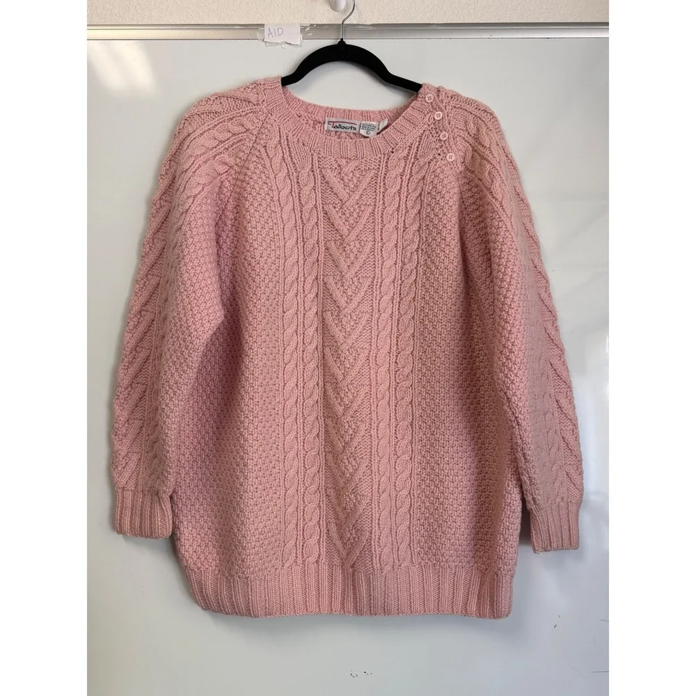Talbots Vintage Pink Handmade 100% Wool Cable Knit Sweater Button Shoulder Large