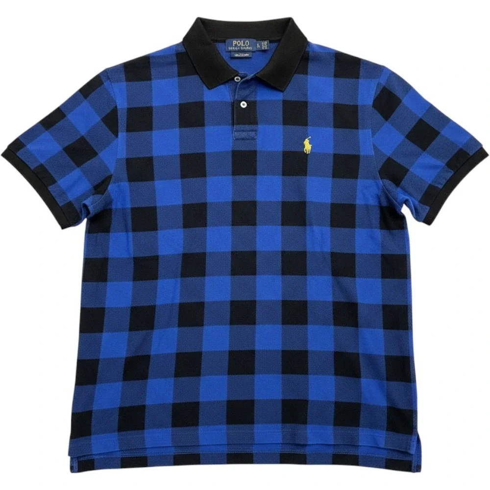 Polo Ralph Lauren Mens XL Custom‎ Slim Fit Buffalo Plaid Polo Shirt Blue Black