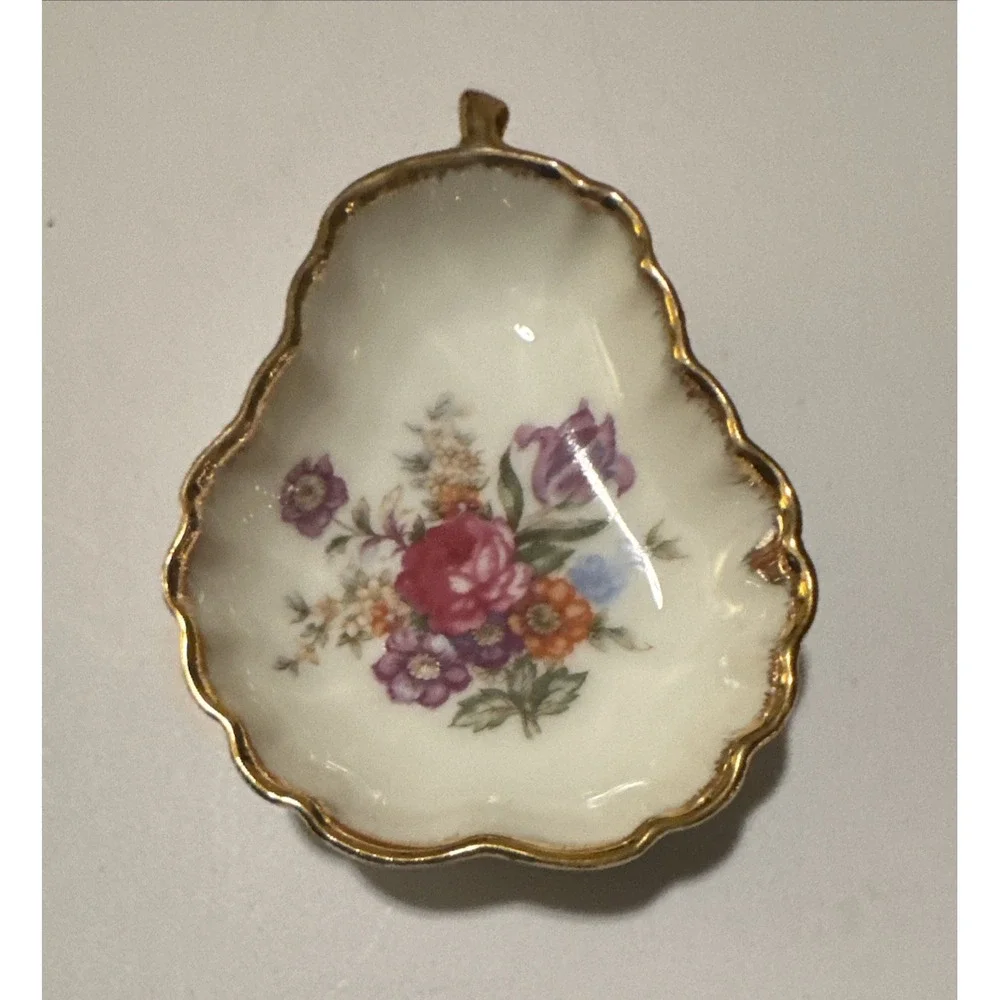 Lefton Pear/Apple‎ Tea Bag Holder Trinket Dishes Floral & Gold Trim  Japan MCM