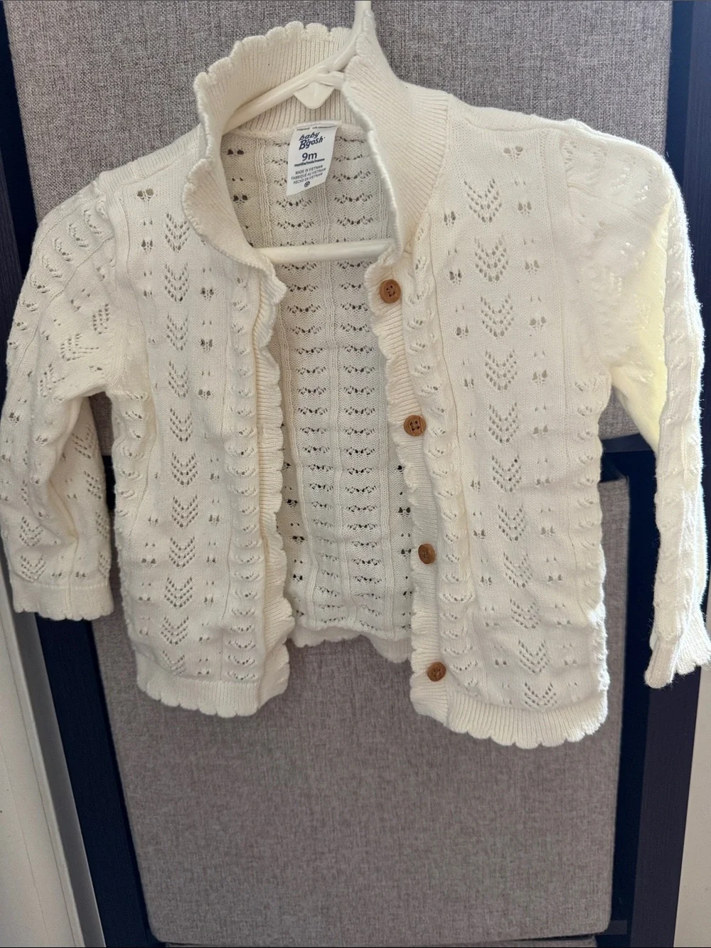 Baby Girl Cardigan- Cream Eyelet Knit Scallop-Trim